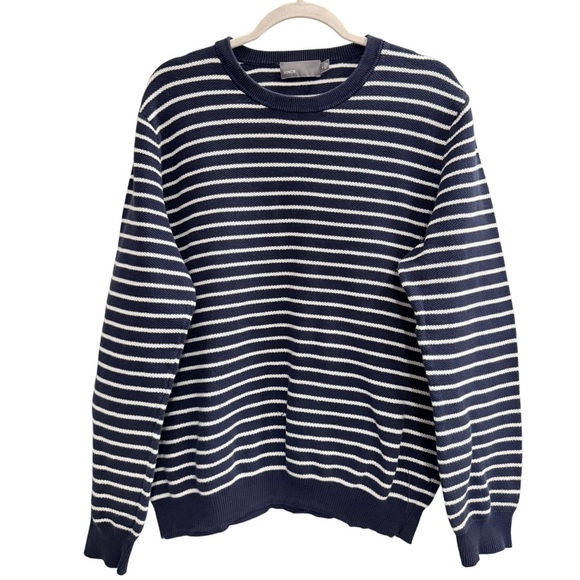 VINCE Navy Blue White Striped Knit Sweater Size Large - Picture 2 of 7